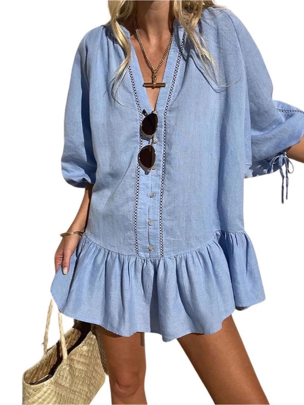 Light Blue V-Neck Ruffle Hem Women's Dress